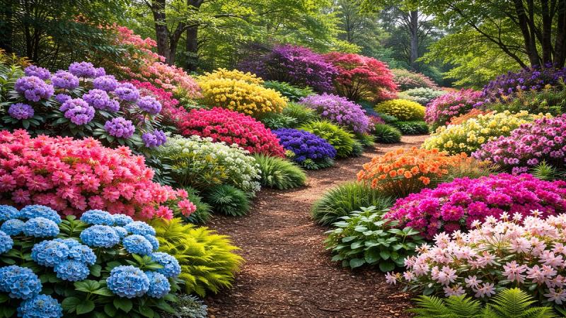 Azaleas, rhododendrons and camellias growing in an acidic soil garden landscape