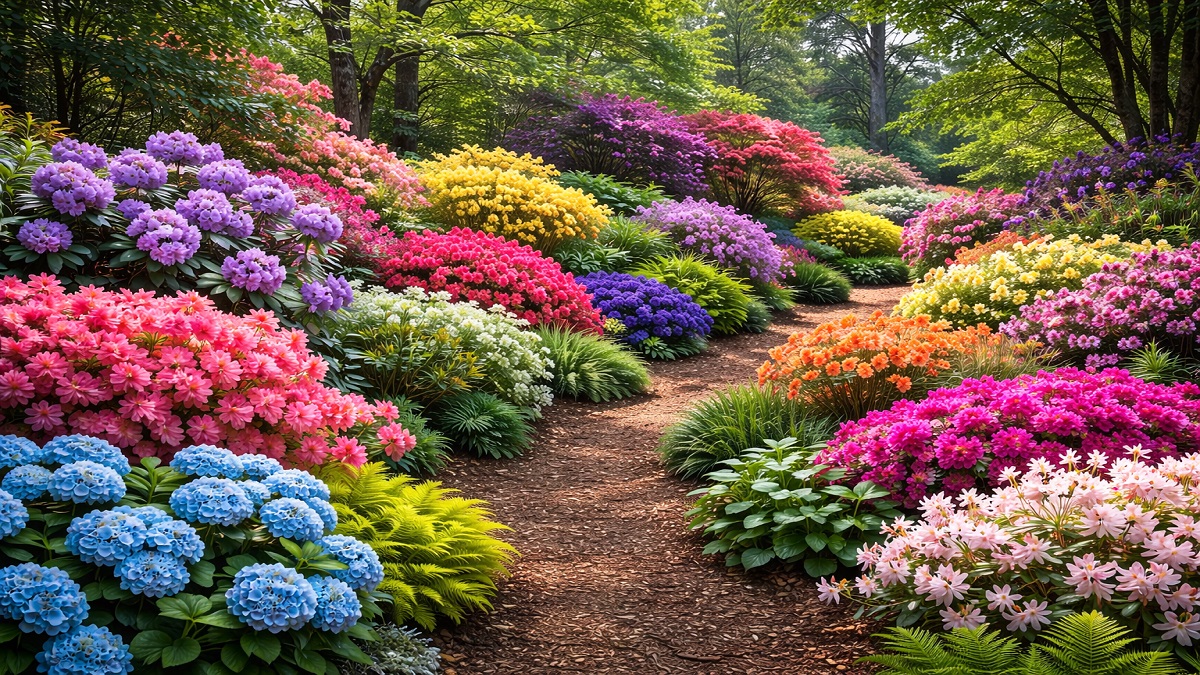 Azaleas, rhododendrons and camellias growing in an acidic soil garden landscape