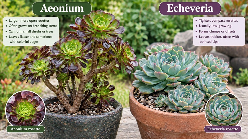 Aeonium and Echeveria succulents compared side by side showing their different rosette shapes and growth habits