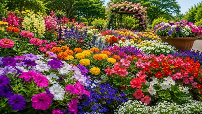 Colorful annual flowers blooming in a garden