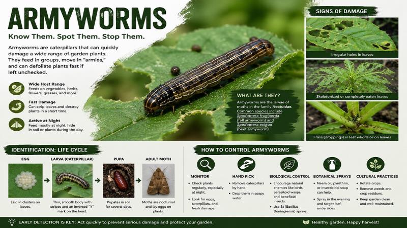 Armyworms feeding on garden plants and leaves in a home vegetable garden