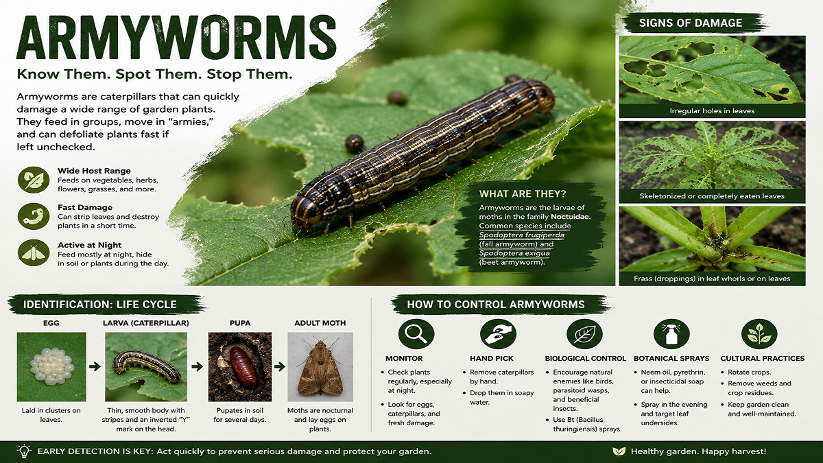 Armyworms feeding on garden plants and leaves in a home vegetable garden