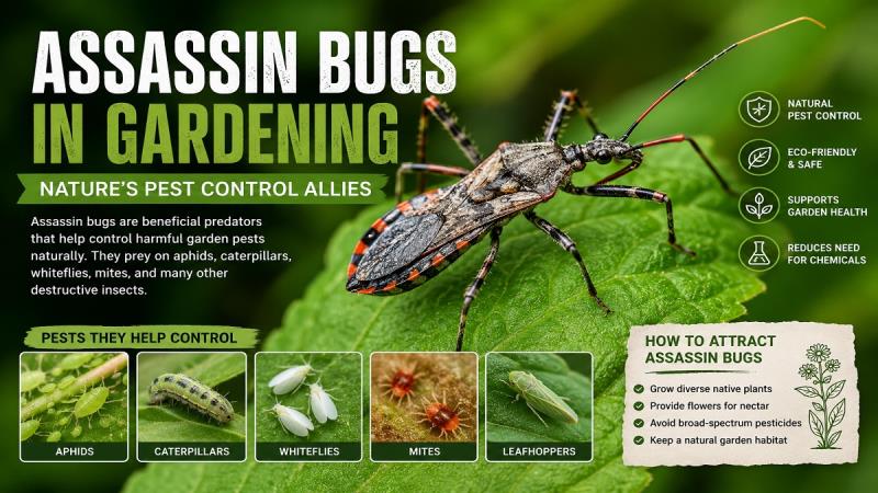 Assassin bug hunting insect pests on a garden plant for natural biological pest control