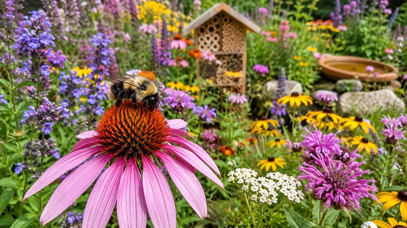 Native bumblebee collecting nectar from a colorful native wildflower in a pollinator-friendly garden filled with blooming flowers