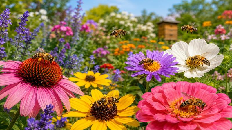 Honey bees pollinating colorful flowers in a healthy garden