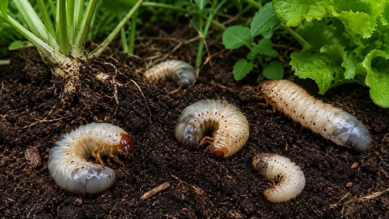 Close-up of beetle larvae grubs in garden soil damaging plant roots