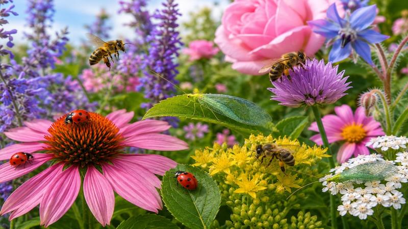 Ladybugs, bees, and lacewings among flowering garden plants
