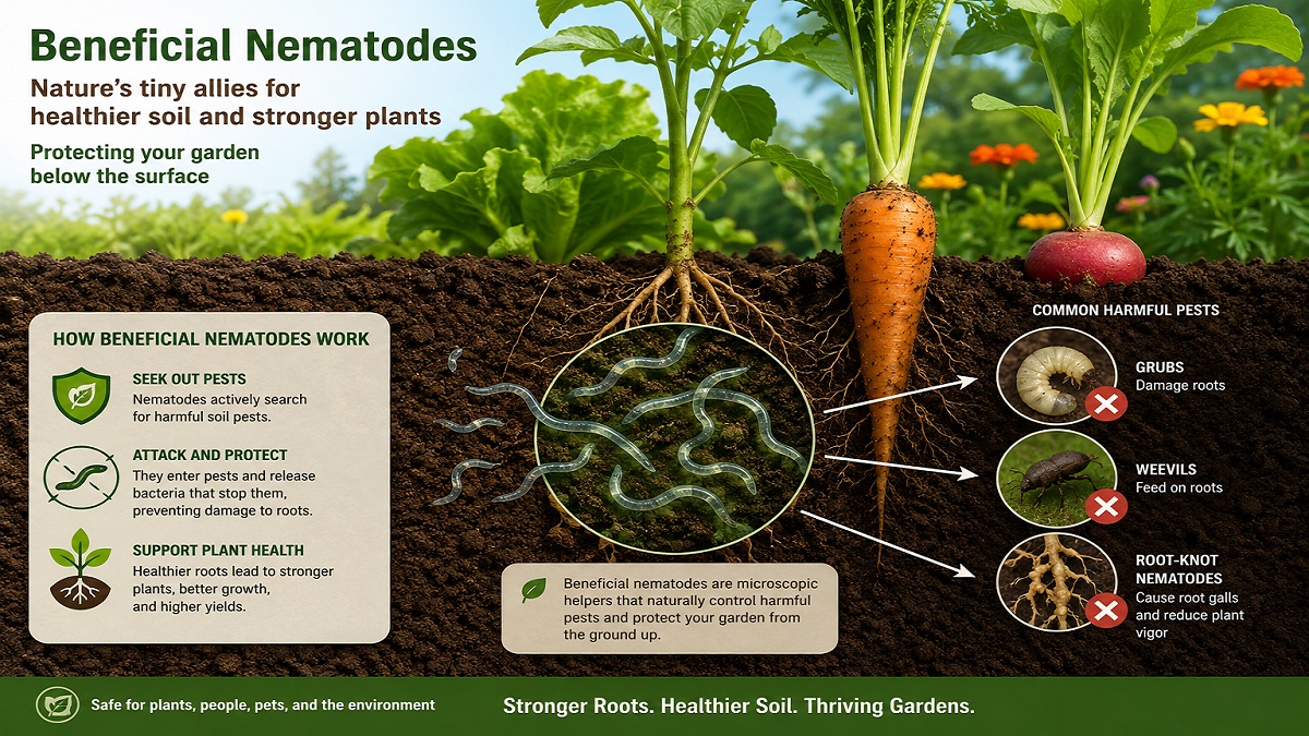 Beneficial nematodes protecting garden soil from harmful pests