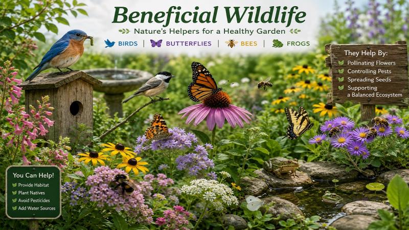 Beneficial wildlife including birds butterflies bees and frogs in a healthy garden