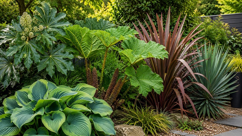 Collection of architectural foliage plants including Fatsia, Gunnera, Phormium, Yucca, and Hosta creating bold structure and dramatic texture in a landscaped garden