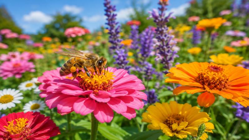 Honey bee collecting nectar from colorful flowers