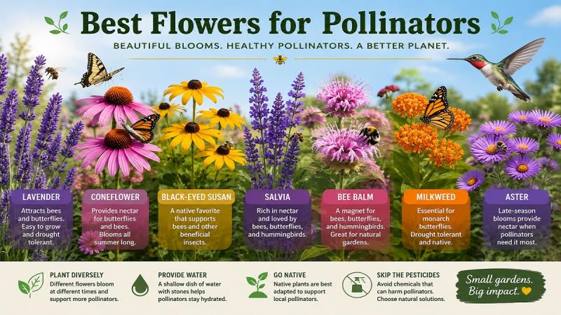 Colorful flowers attracting bees and butterflies in a garden
