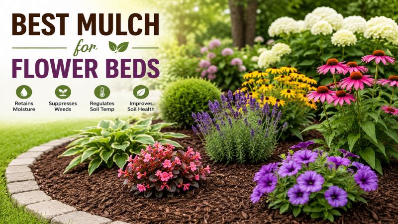 Best mulch for flower beds with bark mulch around colorful blooming flowers