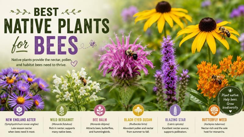 Native flowering plants attracting bees in a pollinator garden