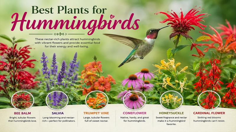 Hummingbird feeding on nectar-rich flowers in a hummingbird garden