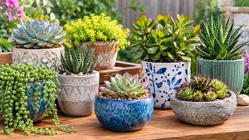 Best succulents for containers and small gardens displayed in a variety of decorative pots