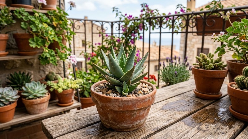 Small Aloe succulent plant with pointed leaves grown in a container