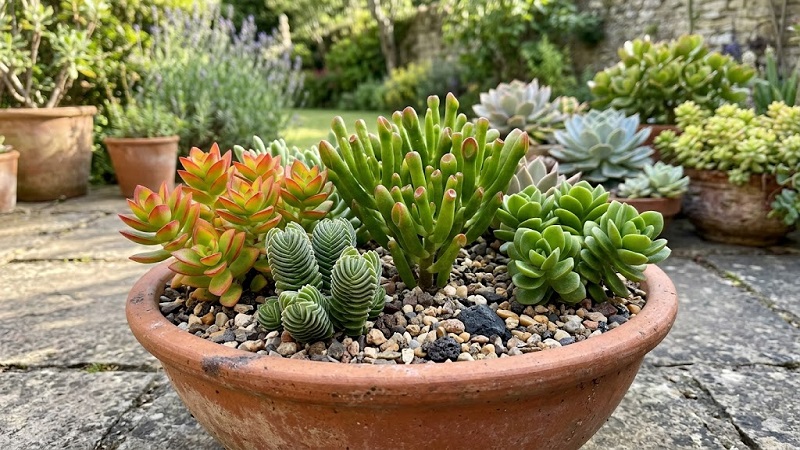 Compact Crassula succulents with thick fleshy leaves growing in a container arrangement
