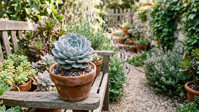 A compact Echeveria succulent with thick, blue-gray leaves arranged in a neat rosette shape