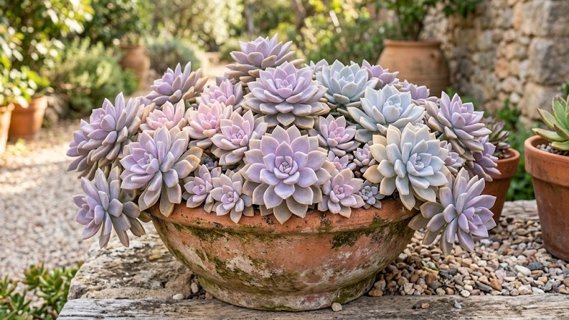 Graptopetalum succulents with pastel lavender and pink-toned rosettes growing in a container