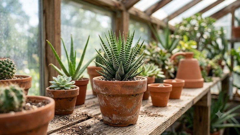 A small Haworthia succulent in a terra cotta pot, showing thick, pointed green leaves decorated with distinct white raised stripes