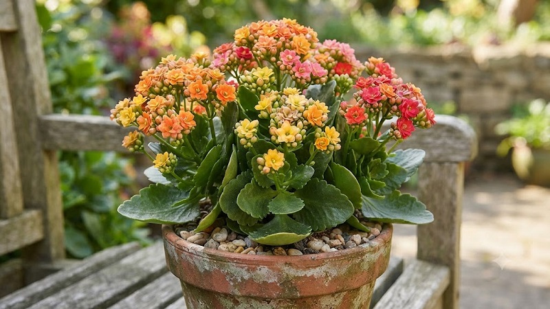 Vibrant Kalanchoe plant with clusters of small colorful flowers and thick fleshy succulent leaves in a container.