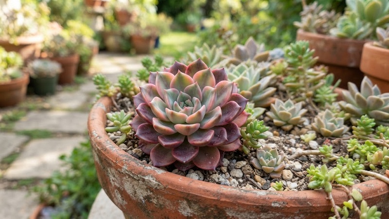 Compact Sedeveria succulent rosette featuring fleshy, multicolored leaves in a container garden
