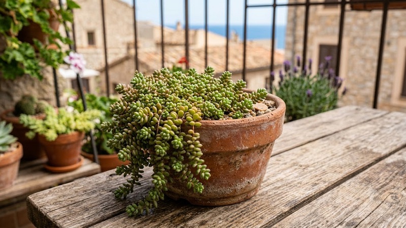 Sedum succulent with small trailing leaves spilling over the edge of a container pot