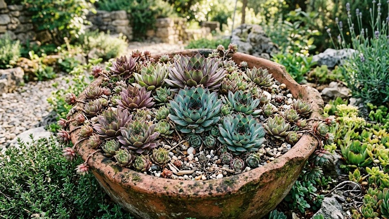 Cluster of Sempervivum succulents (hens and chicks) forming rosettes in a garden container
