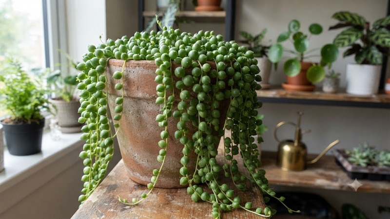 String of pearls trailing succulent with rounded bead-like leaves spilling over the edge of a container
