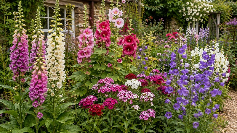 Healthy biennial flowering plants including foxgloves, hollyhocks, sweet williams, and canterbury bells blooming in a colorful cottage garden during summer