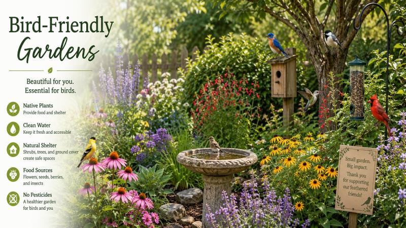 Bird-Friendly Garden with colorful flowers and birds