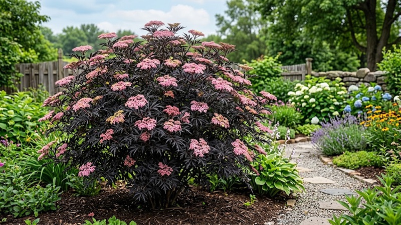 Healthy Black Lace Elderberry shrub with dark purple foliage and soft pink flower clusters in a garden