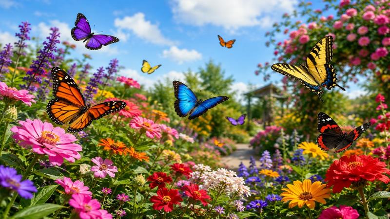 Colorful butterflies flying among flowers in a garden