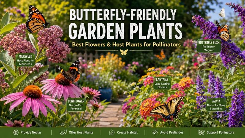 Colorful butterfly-friendly garden filled with nectar-rich flowers including coneflowers, milkweed, lantana, and butterfly bush attracting butterflies