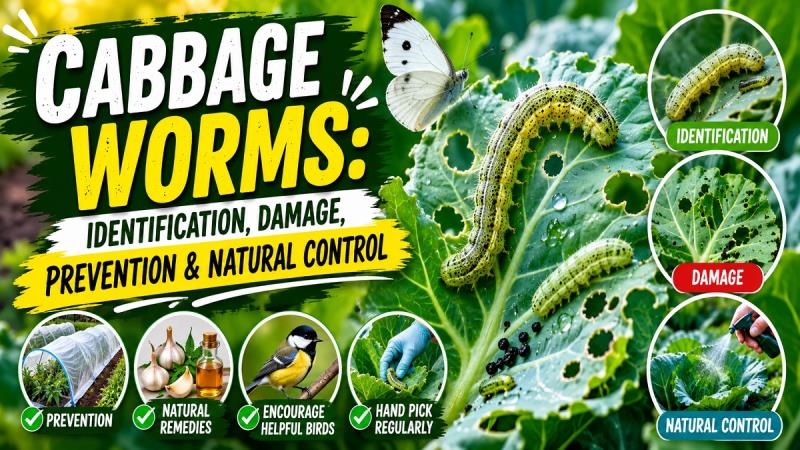 Green cabbage worm feeding on cabbage leaf