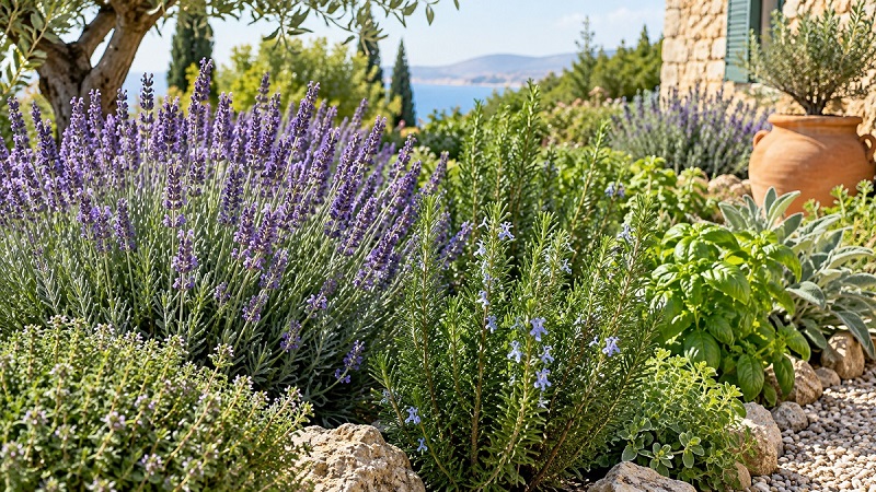 Mediterranean plants including lavender, rosemary and herbs growing in a sunny, well-drained garden