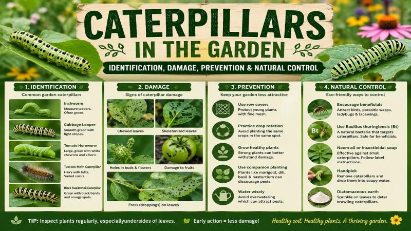 Green caterpillar feeding on a vegetable leaf in a home garden