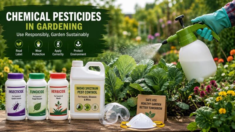 Gardener applying chemical pesticide safely in a home vegetable garden