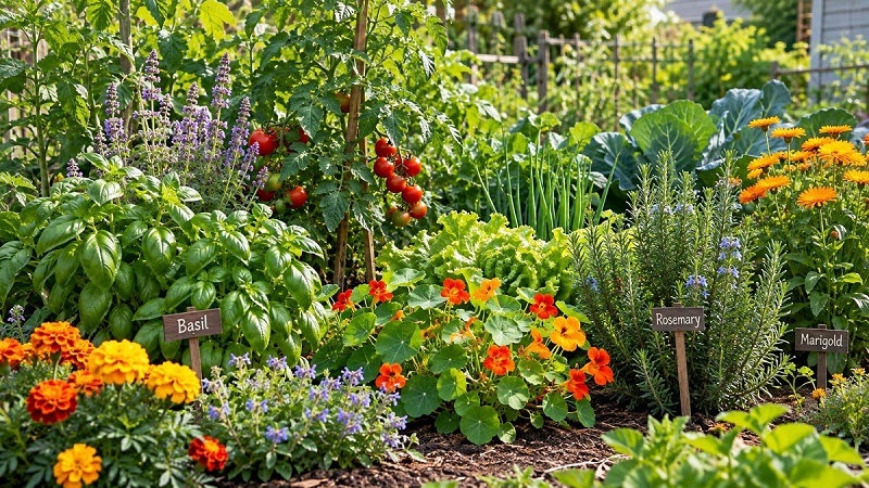 Companion planting garden with vegetables, herbs and flowers growing together for natural pest prevention