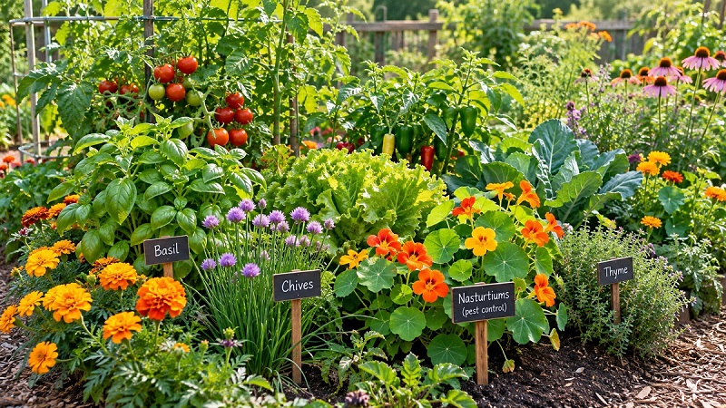 Companion planting garden with vegetables, herbs and flowers growing together