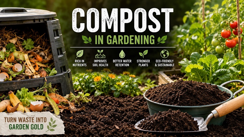 Rich finished compost being added to healthy garden soil to improve plant growth and soil fertility