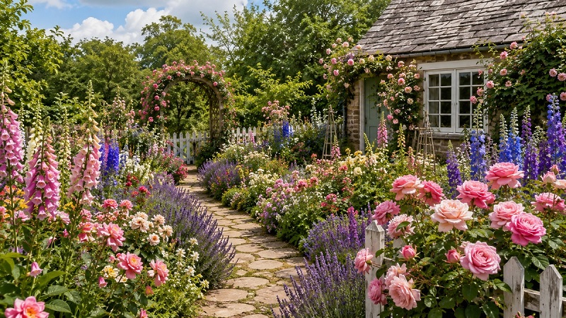 Colorful cottage-style garden filled with roses, foxgloves, delphiniums, lavender, winding stone pathways, and lush flowering borders