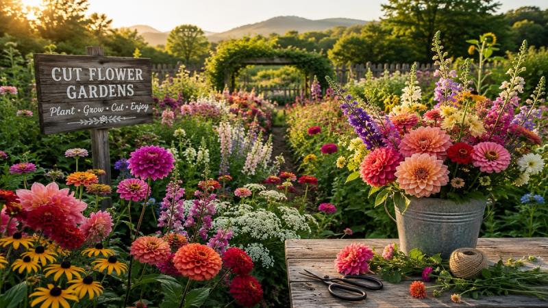 Beautiful cut flower garden filled with colorful blooming flowers