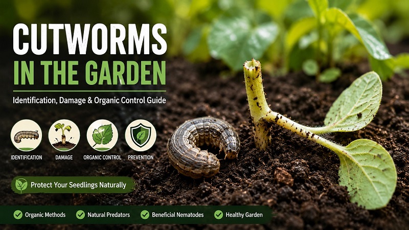 Cutworm caterpillar curled in soil beside a freshly cut vegetable seedling damaged in a home garden