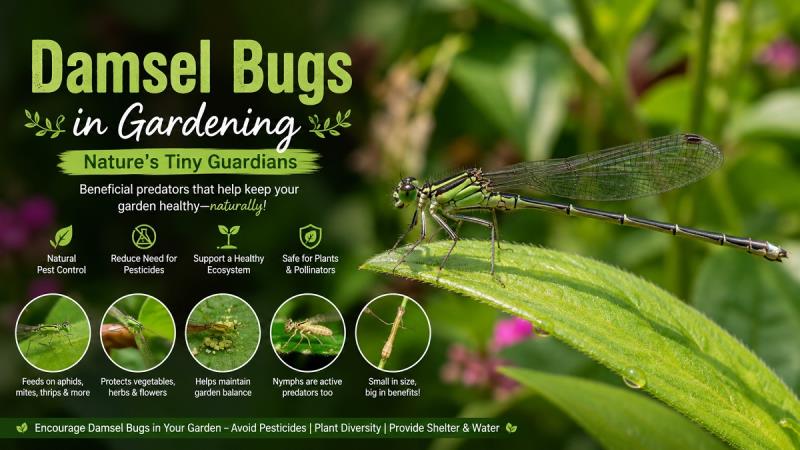 Damsel bug hunting aphids on a garden plant as a beneficial insect for natural pest control