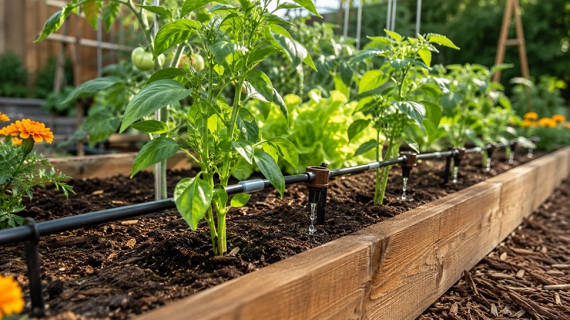 A home garden raised bed equipped with a drip irrigation system watering plants at the root zone