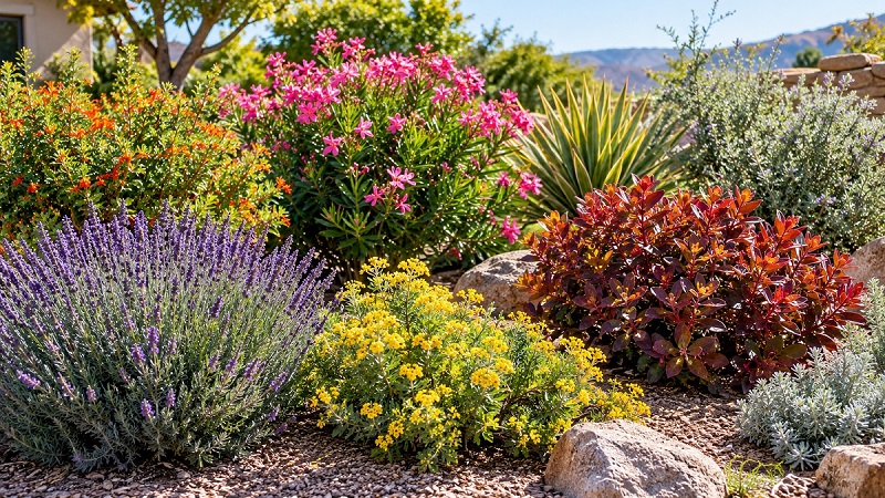 Drought-tolerant ornamental shrubs with colorful foliage and flowers growing in a sunny low-water garden