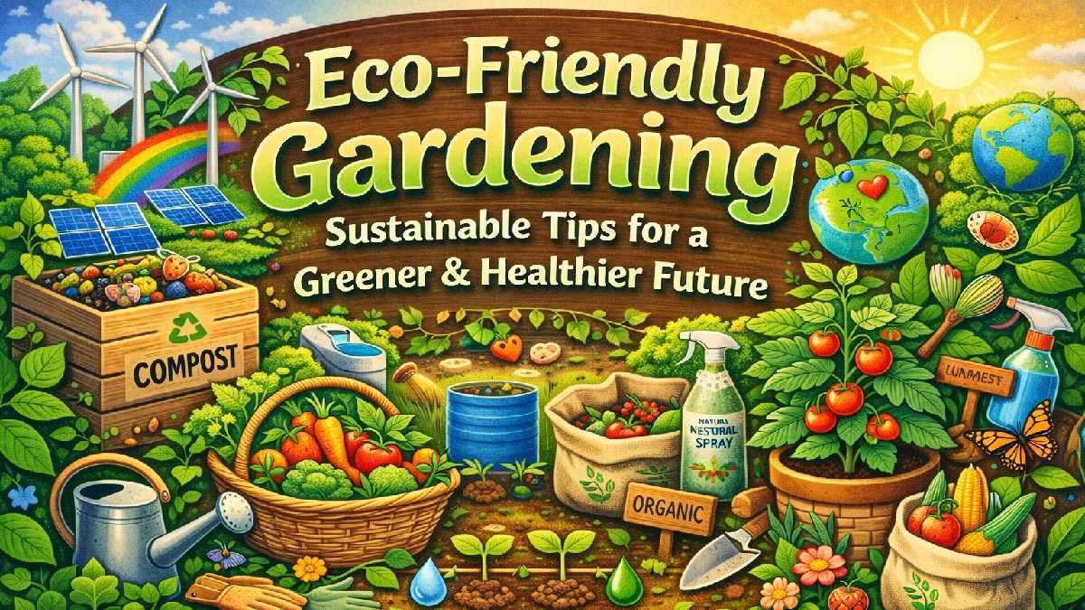Eco-friendly garden with composting, native plants, and sustainable organic gardening practices