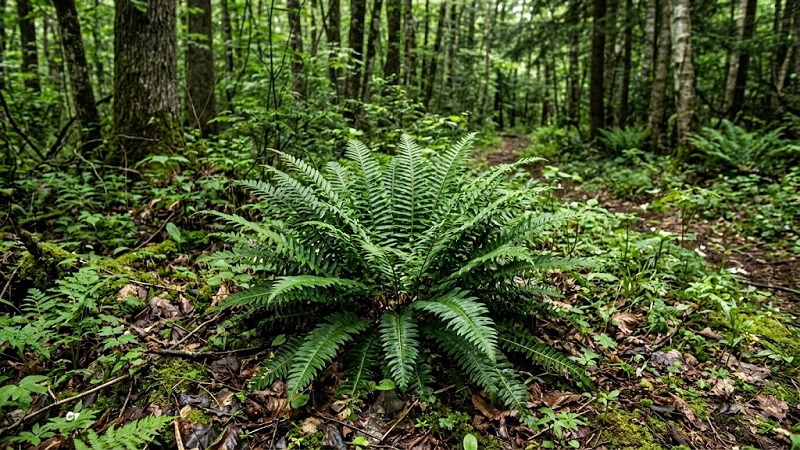 Lush green Christmas fern clump growing on a shady woodland floor